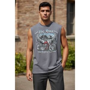 PATRIOTIC Mens Sleeveless TShirt Motorcycle Wings Road to Freedom GraphicPrint L